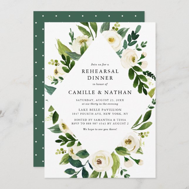 Watercolor White Flowers Frame Rehearsal Dinner Invitation (Front/Back)