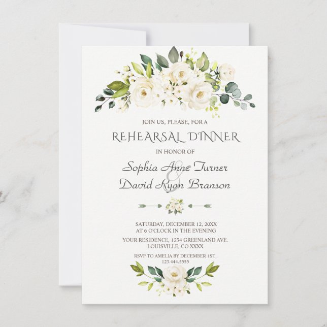 Watercolor White Flowers Gold Rehearsal Dinner Invitation (Front)