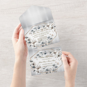 Watercolor White Flowers Golden Frame Silver Teal All In One Invitation