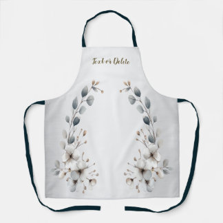 Watercolor White Flowers Golden Frame Silver Teal Apron