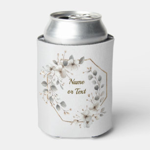 Watercolor White Flowers Golden Frame Silver Teal Can Cooler