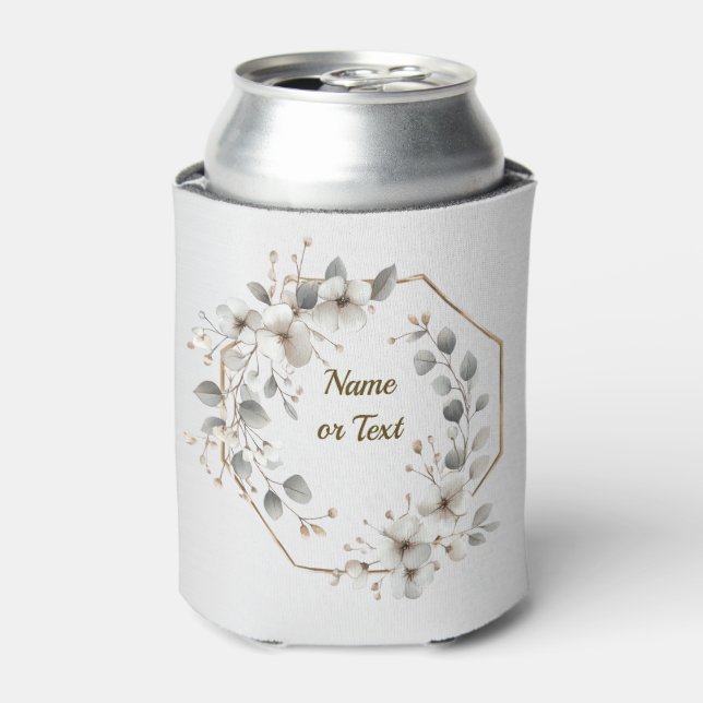 Watercolor White Flowers Golden Frame Silver Teal Can Cooler (Can Front)