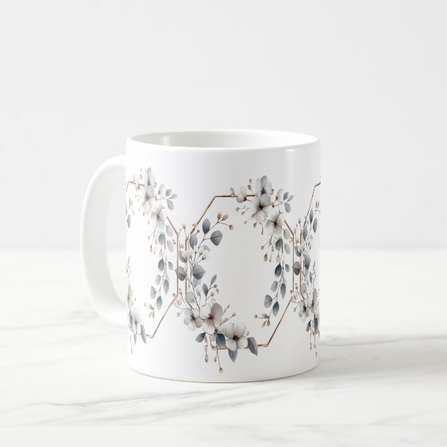 Watercolor White Flowers Golden Frame Silver Teal Coffee Mug (Front Left)
