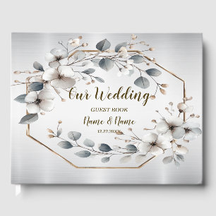 Watercolor White Flowers Golden Frame Silver Teal Guest Book