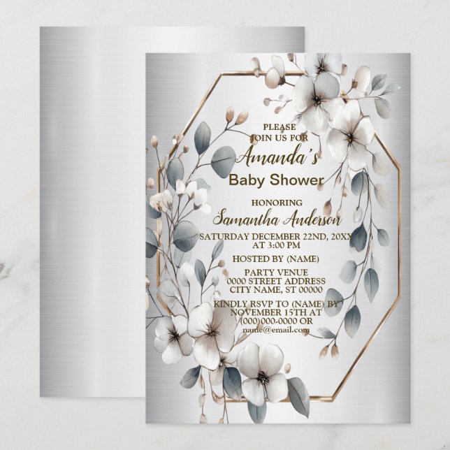 Watercolor White Flowers Golden Frame Silver Teal Invitation (Front/Back)