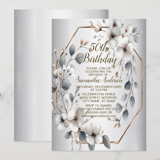 Watercolor White Flowers Golden Frame Silver Teal Invitation (Front/Back)
