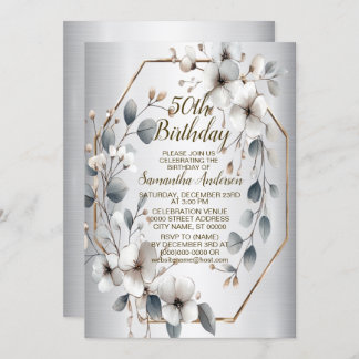Watercolor White Flowers Golden Frame Silver Teal Invitation