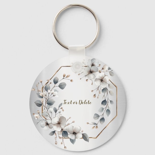 Watercolor White Flowers Golden Frame Silver Teal Key Ring (Front)