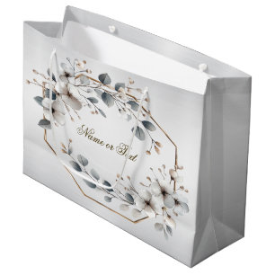 Watercolor White Flowers Golden Frame Silver Teal Large Gift Bag