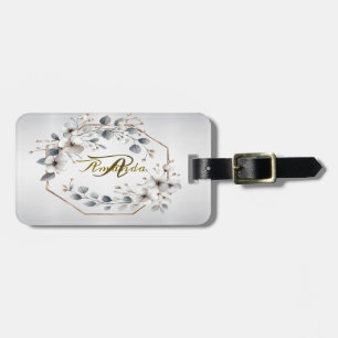Watercolor White Flowers Golden Frame Silver Teal Luggage Tag