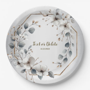 Watercolor White Flowers Golden Frame Silver Teal Paper Plate