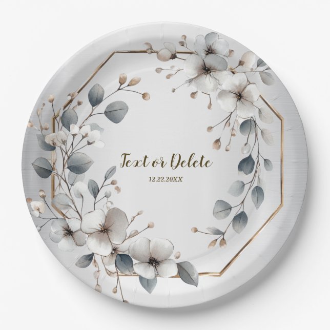 Watercolor White Flowers Golden Frame Silver Teal Paper Plate (Front)