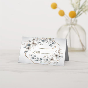 Watercolor White Flowers Golden Frame Silver Teal Place Card
