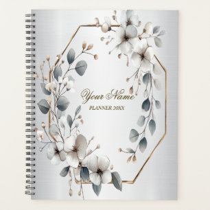 Watercolor White Flowers Golden Frame Silver Teal Planner