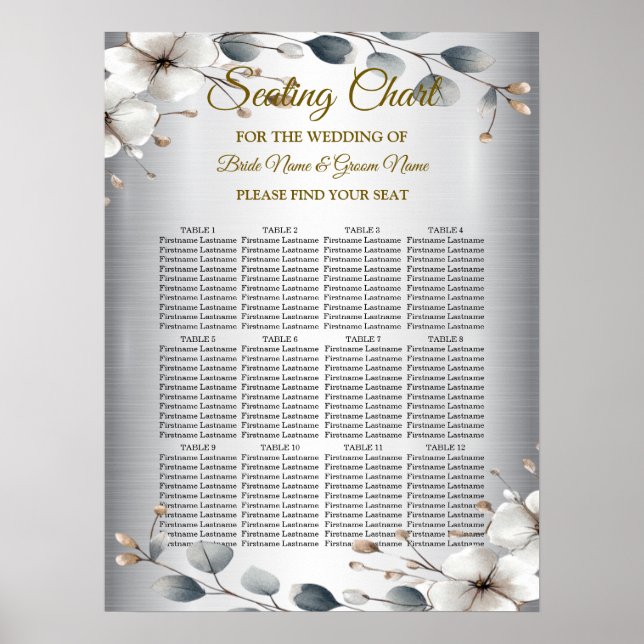 Watercolor White Flowers Golden Frame Silver Teal Poster (Front)