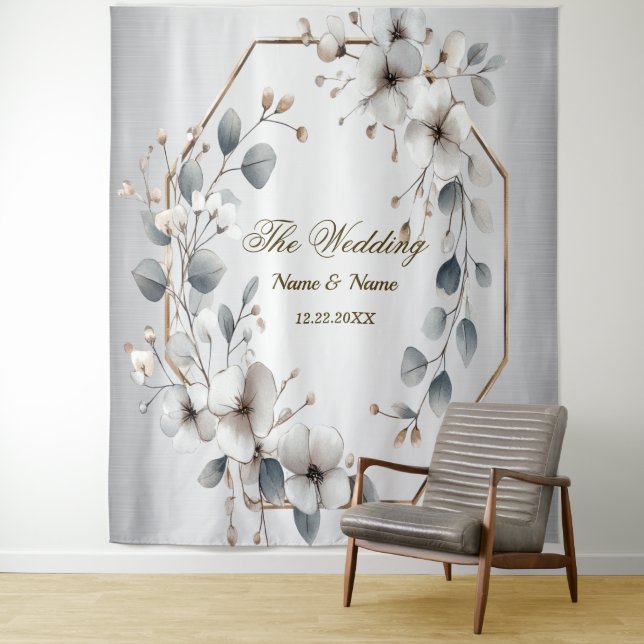 Watercolor White Flowers Golden Frame Silver Teal Tapestry (In Situ)