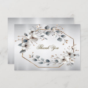 Watercolor White Flowers Golden Frame Silver Teal Thank You Card