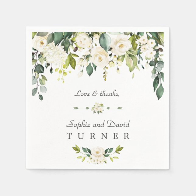 Watercolor White Flowers Green Foliage Wedding Napkin (Front)