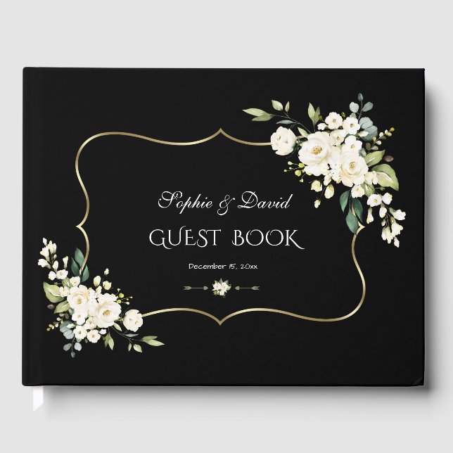 Watercolor White Flowers Green Gold Black Wedding Guest Book (Front)