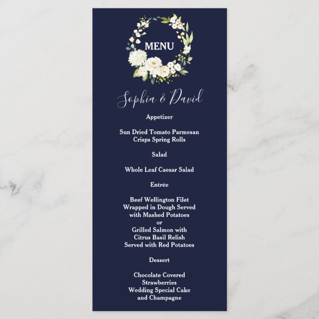 Watercolor White Flowers Green Wreath Wedding Menu (Front)