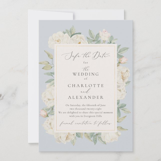 Watercolor white flowers, light blue save the date invitation (Front)