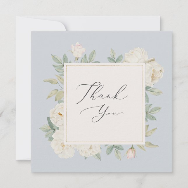 Watercolor white flowers, light blue wedding  thank you card (Front)