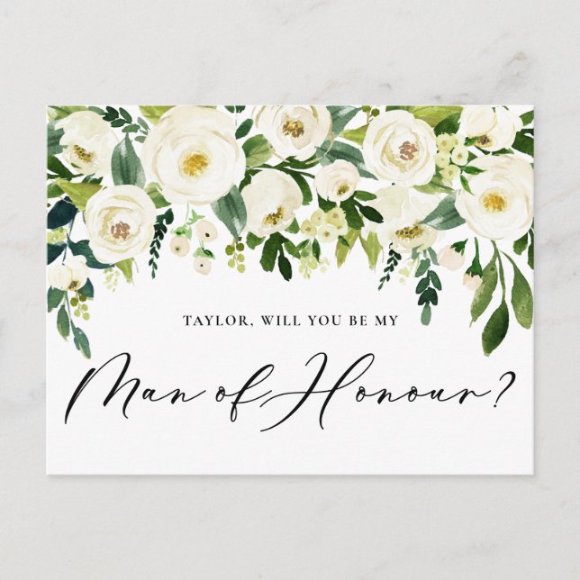 Watercolor White Flowers Man of Honour Proposal Invitation Postcard (Front)