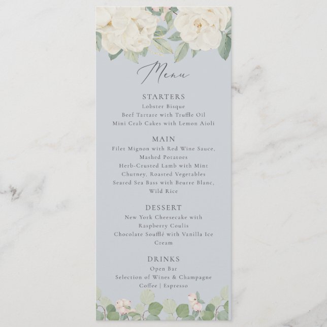 Watercolor white flowers, pastel blue  menu (Front)