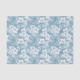 Watercolor White Flowers Pattern on Shades of Blue Tissue Paper