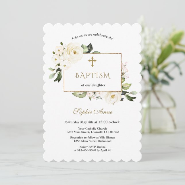 Watercolor White Flowers Rose Gold Baptism  Invitation (Standing Front)