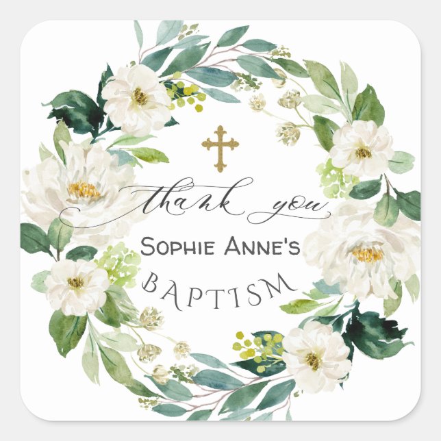Watercolor White Flowers Wreath Cross Baptism    Square Sticker (Front)