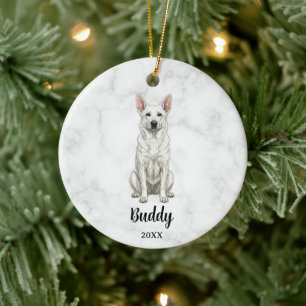 Watercolor White German Shepherd Name Dog Memorial Ceramic Tree Decoration