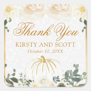 Watercolor White Gold Floral Fall Pumpkin Wedding Square Sticker