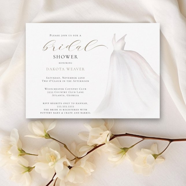 Watercolor White Gold Wedding Dress Bridal Shower Invitation (Creator Uploaded)