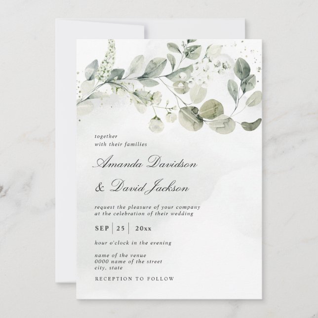 Watercolor White Green Foliage Eucalyptus Wedding Invitation (Front)