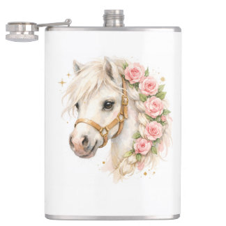 Watercolor White Horse Ceramic Flask with Rose