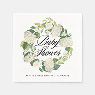 Watercolor White Hydrangea Wreath Baby Shower Napkin