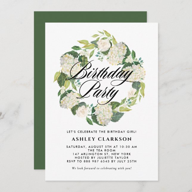 Watercolor White Hydrangea Wreath Birthday Party Invitation (Front/Back)