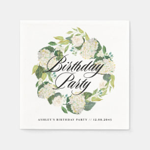 Watercolor White Hydrangea Wreath Birthday Party Napkin