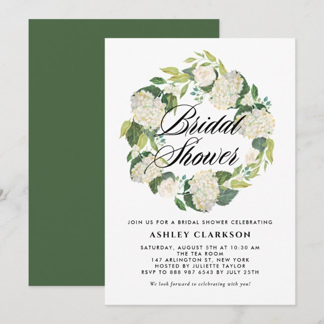 Watercolor White Hydrangea Wreath Bridal Shower Invitation (Front/Back)