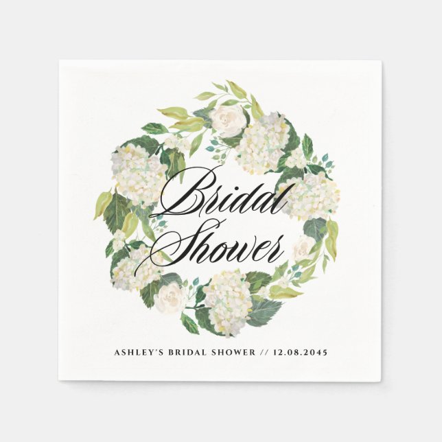 Watercolor White Hydrangea Wreath Bridal Shower Napkin (Front)