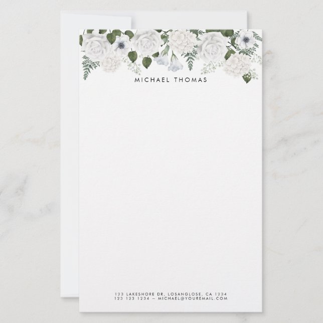 Watercolor White Hydrangeas & Peonies Personalised Stationery (Front)