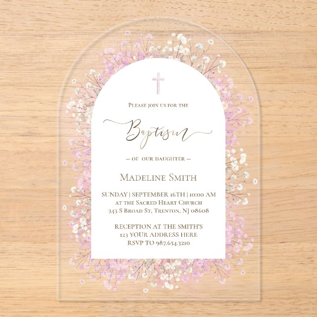 watercolor white lilac flowers Baptism Acrylic Invitations (Front)