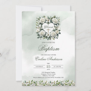 Watercolor white lilies and gold Baptism Invitation