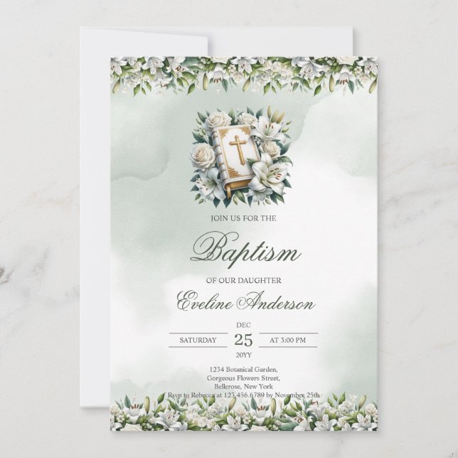 Watercolor white lilies Holly Bible Baptism Invitation (Front)