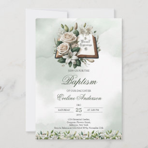 Watercolor white lilies Holly Bible Baptism Invitation