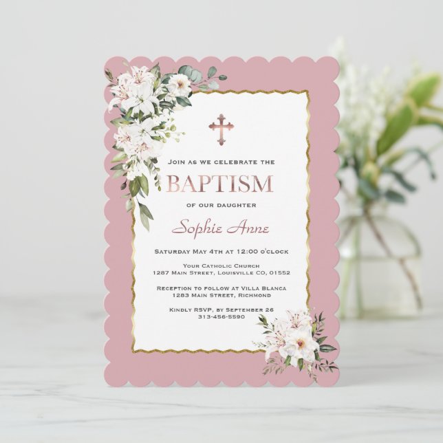 Watercolor White Lilies Rose Gold Girl Baptism  Invitation (Standing Front)