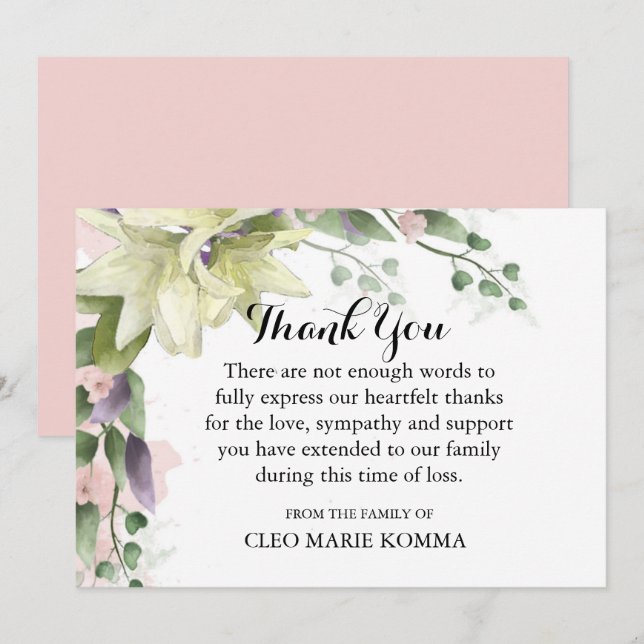 Watercolor White Lilies Sympathy Thank You Card (Front/Back)