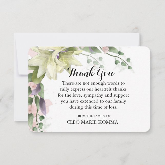 Watercolor White Lilies Sympathy Thank You Card (Front)