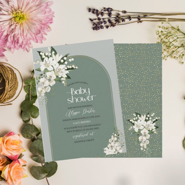Watercolor White Lily and green background Baby Sh Invitation (Creator Uploaded)
